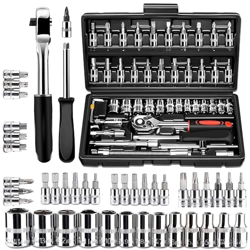 Image of 46 in 1 tool kit Drive Socket Set Auto Repair Hand Tool Ratchet Hex Wrench Set, Tool Kit For Automotive Repair, Household, Car & Bicycle Repairs Metric Screwdriver Set With Storage Case