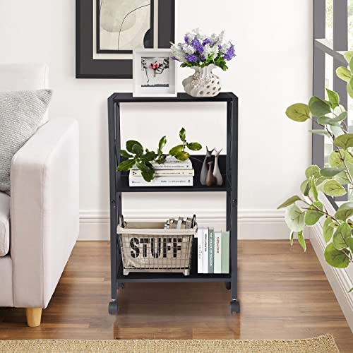 3-Tier Rolling Printer Cart With Wheels - 17'' L X 13'' W X 30'' H Large Mobile Printer Stand, Wood & Steel Office Side Table For Printer, Tall Printer Holder For Home Study Room, Black #TOP5