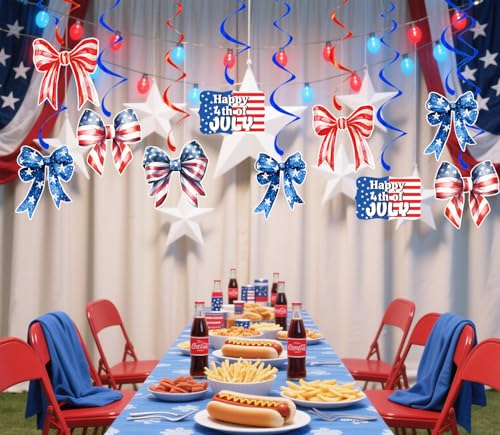 Image of 4th of July Decorations Patriotic Hanging Swirls - Bow Decor Independence Day USA Patriotic Decorations Memorial Day Party Supplies Red White and Blue for Home Outdoor