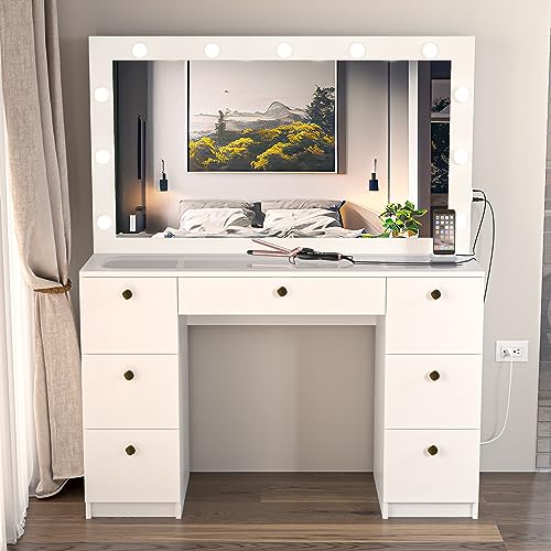 Boahaus Yara Large Bedroom Makeup Vanity Desk with Mirror and Lights, 7 Drawers, Glass Top, Golden Knobs - White Big Vanity Makeup Desk, Built-in Lights, 56\'\' H x 46.3\'\' W x 14.6\'\' D