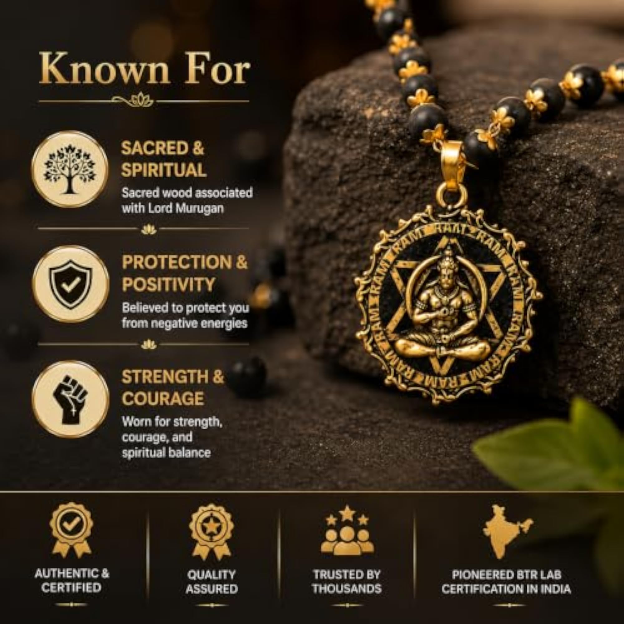 Plated Karungali Bead Necklace with Hanuman Pendant