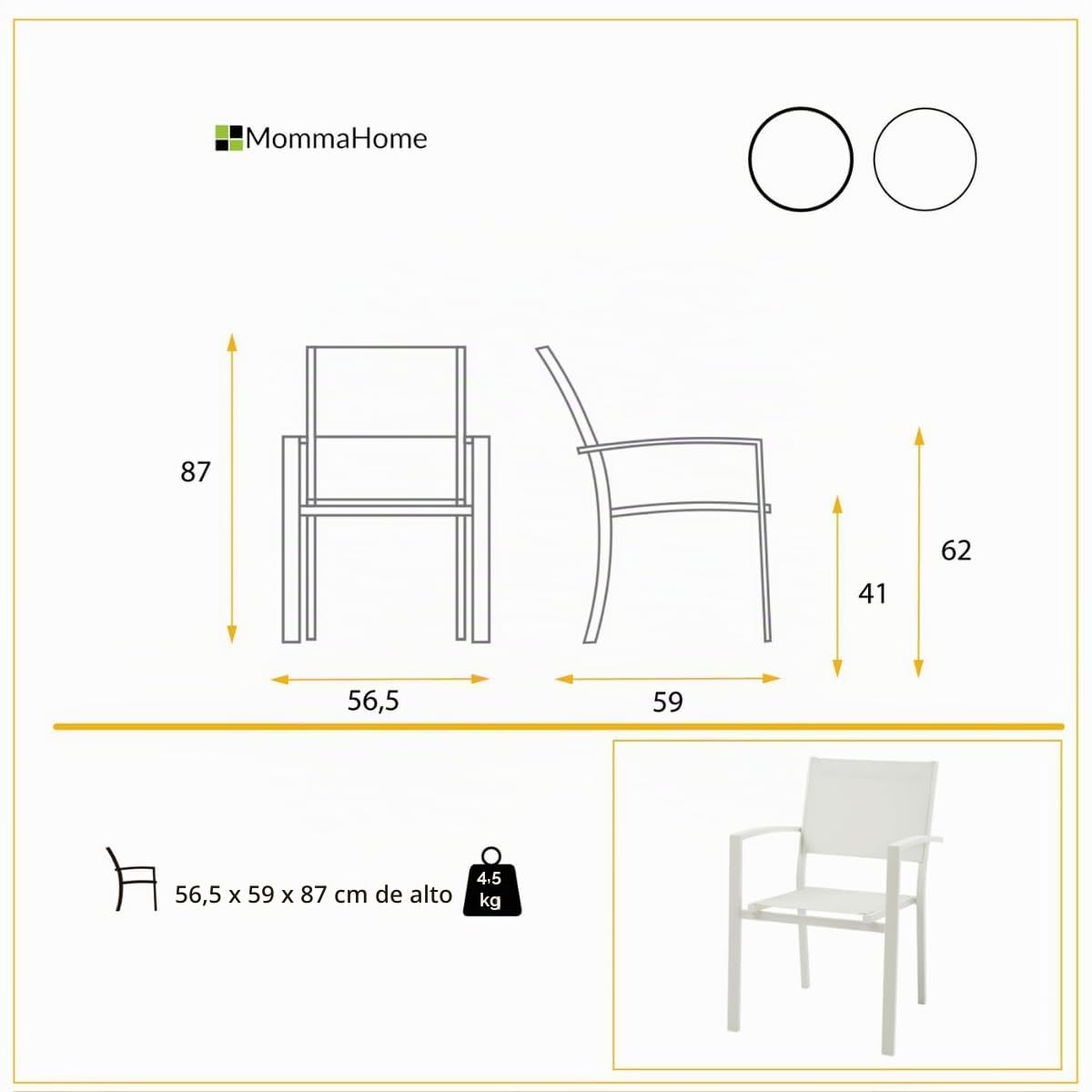 MOMMA HOME Pack 4 Sillas Terraza Exterior - Jardin Acolchadas con Reposabrazos, Material Textiline y Aluminio, Color Blanco, Medidas 87,5 x 56,5 x 57,5 cm