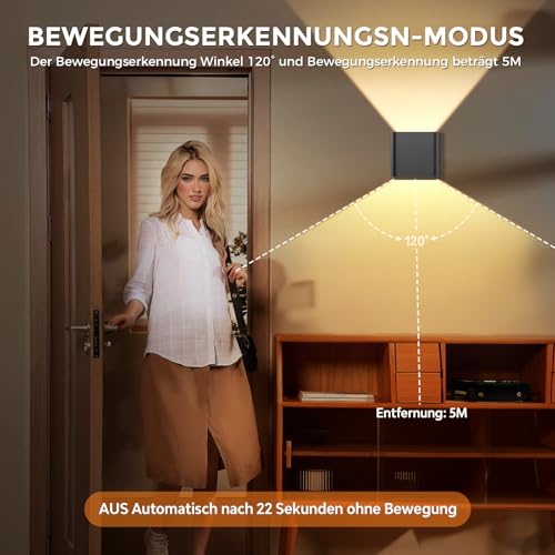 GEARLITE Led Aufladbar Wandleuchte Innen/Aussen mit Bewegungsmelder 2 Stücke, Wandlampe Auf und ab Einstellbarer Lichtstrahl 3000K Warmweiß Außenwandleuchte IPX4 Wasserdichte Wohnzimmer Garten Schwarz
