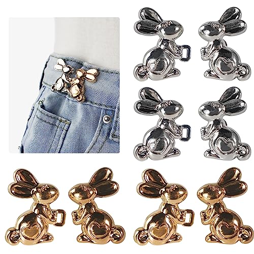 RichLuck 4-Piece Adjustable Rabbit Jeans Button Set - Silver/Golden Metal Buttons with Detachable Buckles