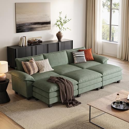 Image of LINSY HOME 123'' Modular Sectional Sofa 3 Seat Couch Corduroy Cloud Couch with Deep Seat, Modern Cloud Couch with 3 Movable Ottoman for Living Room, Office, Bedroom, Green