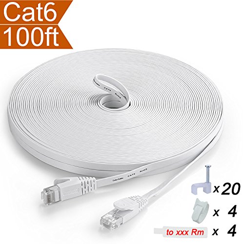 Flat Ethernet Cable Cat 6 100 Ft White With Snagless Rj45 Connectors - Slim Long Internet Network Cable Cat6 Computer Cable - At A Cat5E Price But Higher Bandwidth - 100 Feet (30 Meters) #TOP26