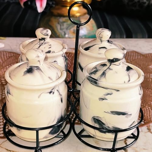 Image of Niyara Handcrafted Ceramic Pickle Jar Set, Premium Metal Tray, Spoons & Lids - Multipurpose Storage for Pickles, Chutneys, Spices & Condiments (Set of 4, 300ML /Each) (White Marble design)