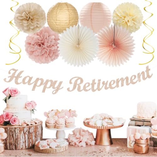Image of Champagne Gold Beige Happy Retirement Banner Party Decorations Burgleda