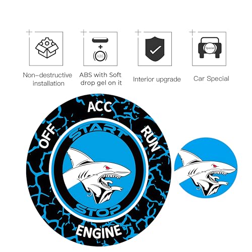 Image of TOOLEPIC Push Start Button Cover for Dodge Challenger Charger Durango Chrysler Journey Ram Accessories 2015-2024, Engine Start Stop Ignition Switch Kit -Angry Shark Design-Crazy Blue Custom Fit