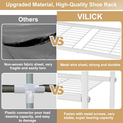 Image of VILICK 3 Tier Shoe Rack 33 inch Wide Metal Shoe Organizer Long Shoe Storage with 4 Side Hooks Sturdy Shoes Shelf for Front Door Entrance, Closet, Garage, Dorm, White