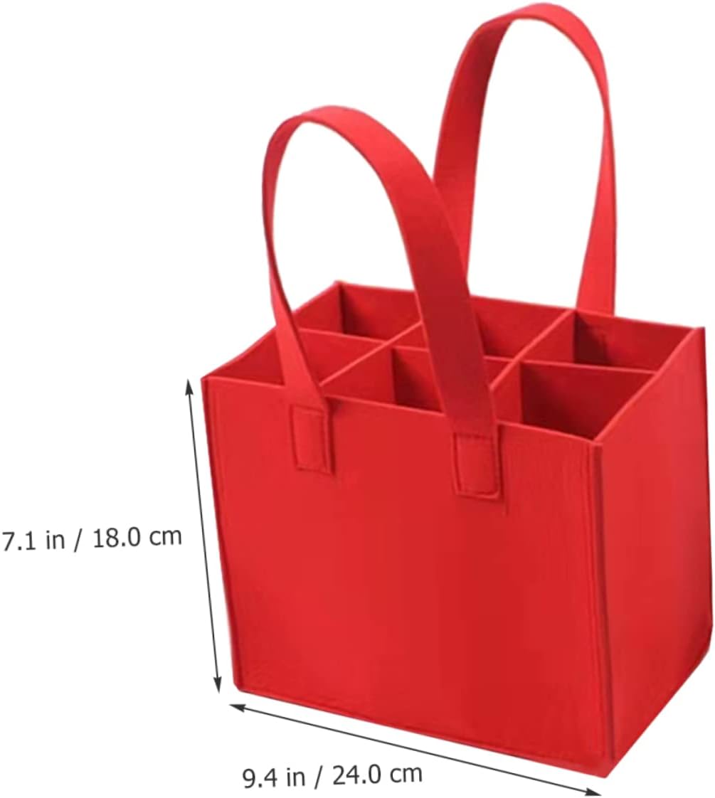 Divided Felt Wine Bag, Red 6 Bottle Carrying Tote for Parties