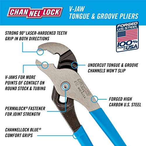 CHANNELLOCK 412 6.5-inch V-Jaw Tongue & Groove Pliers, Made in USA, 0.94-inch Jaw Capacity, Forged High Carbon Steel, More Points of Contact on Round Stock by Channellock - Image 2