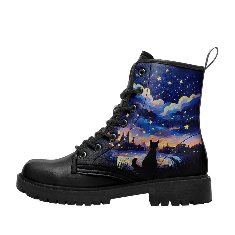Womens Winter Boots Combat Boots Waterproof Ankle Boots Lace Up Ladies Shoes Platform Leather Work Booties, Comfortable Stylish Starry Night Pattern Boots