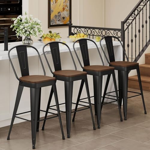 Andeworld Metal Bar Stools Set of 4, 26 inch Counter Height Barstools with Backs Farmhouse Modern High Back Bar Stools with Larger Seat Kitchen Dining Bar Chairs,Matte Black - Thumbnail 3