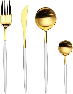 Zestaw sztućców 4 sztuk, MHKBD zestawy zastawy stołowej ze stali nierdzewnej antyczne wykończone złotem polerowane zestawy sztućców do dużych obciążeń zawiera nóż widelce łyżki do kuchni imprezy hotelowej restauracji, białe