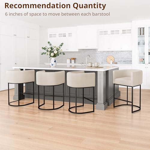 Image of LUE BONA Counter Height Bar Stools Set of 4, Modern Barrel Counter Stools with Backrest and Arms, Black Metal Frames, Linen Fabric Upholstered Accent Barstools for Kitchen Island, Linen Color
