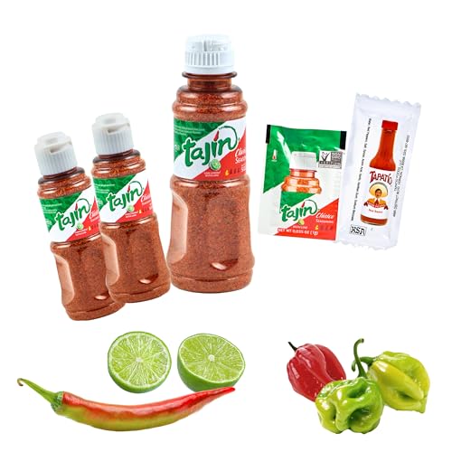 Chili-Limette Gewürzmischung Tajin und Sauce probe Set (5er pack) 2 Stk. Mexikanische Limette-Gewürzpulver Tajin 45 g und 1 Stk. 142 g, 1 Beutel El tapatio salsa und 1 Beutel Limette-Gewürzpulver.