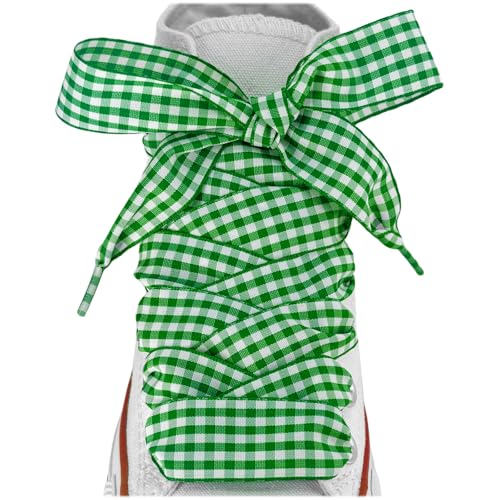 Lacesgian 1 Wide Gingham Ribbon Shoe Laces for women sneakers Flat Checkered Plaid Fun Satin Shoelaces Replacement Strings (S-Green White 54/140cm)
