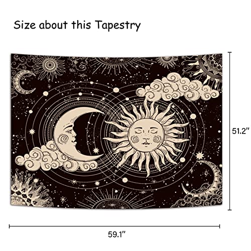 Wonrizon Sun and Moon Tapestry, Aesthetic Black Dark Spiritual Tapestries Mystic Burning Sun with Clouds Star Wall Hanging decor for Bedroom (51.2" x 59.1")