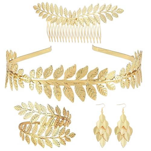 VIDSTW 5 Piezas Disfraz Diosa Griega Mujer Bisuteria Mujer Mitologia Griega Accesorios Incluir Pendientes Dorados Fiesta, Pulseras, Diadema Dorada, Peinetas Disfraz Romana (B)