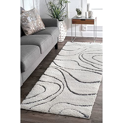 Image of (Pack of 2 Transitional Flames Shaggy Carpet for Living Room, Bedroom, High Low Design Finish Microfiber 1.8 Inch Pile High, 2x6 Feet Runner Ivory|Grey Color