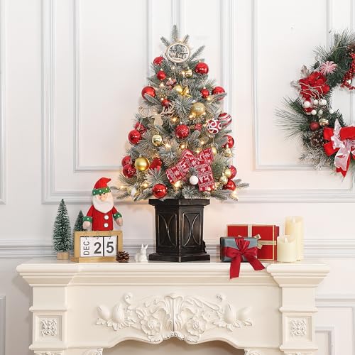 GarveeHome 3ft Small Christmas Tree 2 Set Pre-Lit Artificial Christmas Tree with 78 Led Lights, Snow Flocked Xmas Tree with Arc Brown Base, Timer Function, Battery Operated, for Home Christmas Decor