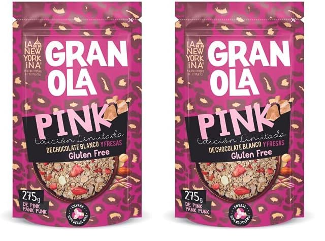 LA NEWYORKINA. Granola Pink con Chocolate Blanco y Fresas. Snack Crujiente y Delicioso para Desayuno y Merienda. Granola Artesanal Sin Gluten en Envase de 275gr (Paquete de 2)