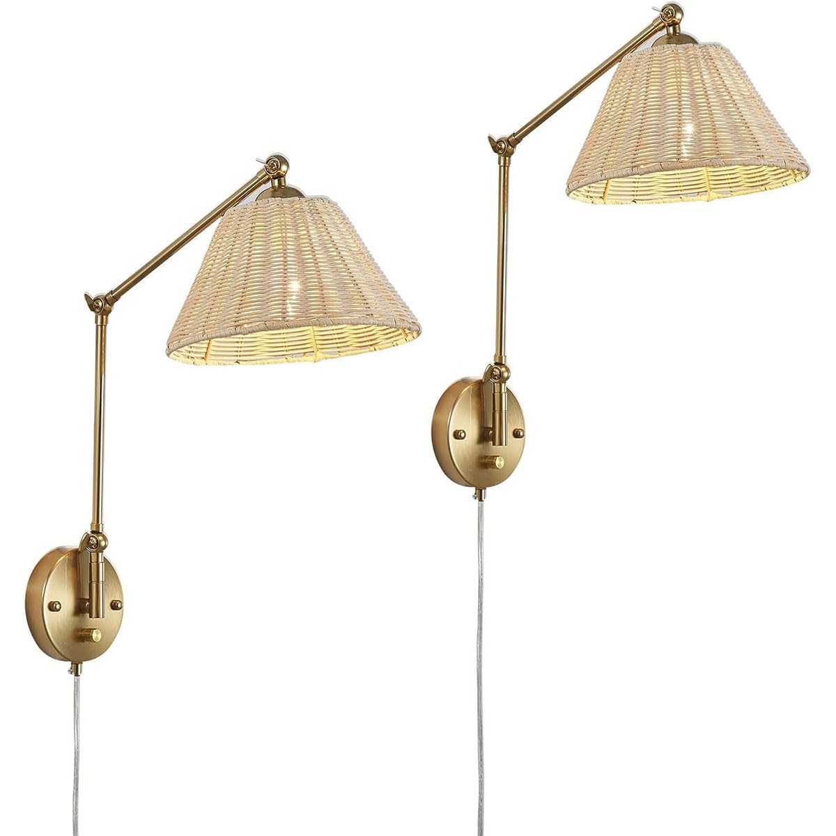 Kinkiet ścienny Vintage Rattan, regulowany, do wnętrz, E27, ściemnialny, z przełącznikiem, złoty, obrotowy, z kablem i wtyczką, lampa ścienna do czytania w stylu retro w stylu industrialnym, do sypia