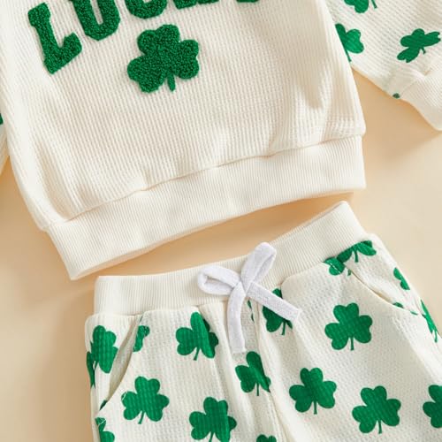 Image of Toddler Baby Boy Girl St Patricks Day Outfit Lucky Embroidery Waffle Long Sleeve Sweatshirt Pants Spring Clothes Set