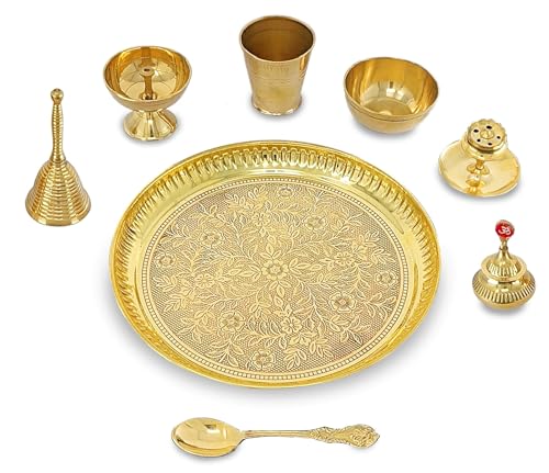 Image of BENGALEN Brass Pooja Thali Set 8 Inch Puja Thali with Pital Plate Glass Bowl Piyali Diya Dhup Dan Sindoor Dibbi Ghanti Spoon Arti Thali for Diwali Home Office Mandir Wedding Return Gift Items