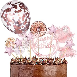 Heyu-Lotus 13 Pcs Rose Gold Birthday Cake Decoration, Happy Birthday Cake Topper Set, Paper Fans Confetti Balloon Stars Acrylic Cupcake Topper for Birthday Cake Decoration( Rose Gold)