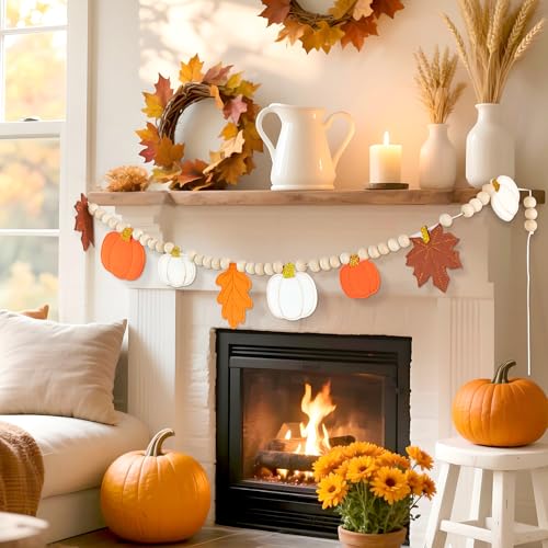Image of Fall Decorations for Home Felt Pumpkin Garland and Wood Bead Felt Pumpkins Hanging Garland Maple Leaf Banner for Thanksgving Decorations Indoor Fall Harvest Festival Halloween Wall Decor (8.2ft)