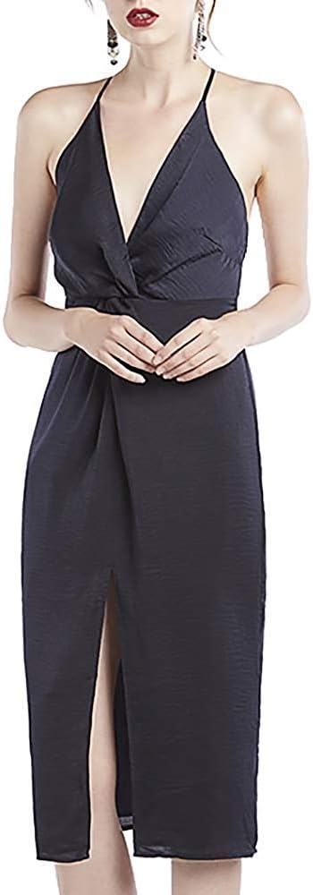 Our Heritage - Women's Cross-Back Slit Midi Dress with Deep V, Navy, Size Small