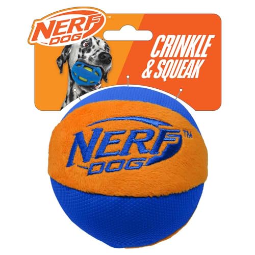 Nerf Dog Trackshot Ball Dog Toy with Interactive Squeaker and Crunch, Lightweight, Durable and Water Resistant, 4.5 Inches, For Medium/Large Breeds, Single Unit, Blue/Orange