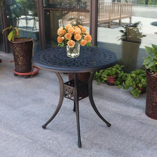Image of 30 inches Patio Table with Umbrella Hole, Round Outdoor Table, Cast Aluminum Bistro Table, Metal Side Table for Porch Backyard, Black