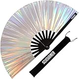 SoJourner Bags Holographic Silver Rave Fan - Large Folding Clack Fan for Men and Women - Rave Accessories for EDM, Line Dancing, Cosplay, Concerts and More