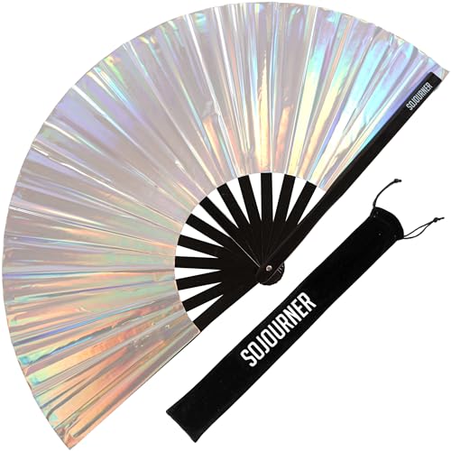 SoJourner Bags Holographic Silver Rave Fan - Large Folding Clack Fan for Men and Women - Rave Accessories for EDM Line Dancing Cosplay Concerts and More