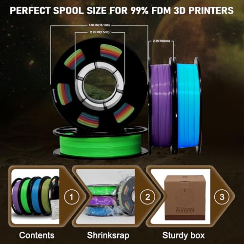 Image of YOUSU 3D Printer Filament Bundle, Glow in The Dark Filament Multicolor, Green, Blue, Purple and Rainbow, PLA Filament 1.75 mm, Dimensional Accuracy + /- 0.03 mm, 250g X 4 Pack