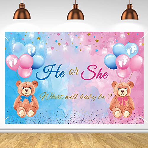 Gender Reveal Backdrop Banner Blues Clues Gender Reveal Decorations Boy or Girl Banner Stars Balloon Little Bear Pattern Gender Surprise Backdrop Background for Baby Shower Decorations