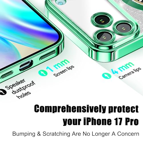 Image of Misscase for iPhone 17 Pro Magnetic Glitter Case Compatible with MagSafe,Full Protection Slim Shockproof Anti-Scratch Case with Camera Lens Protector Plating Bling Dust-Proof Net Green