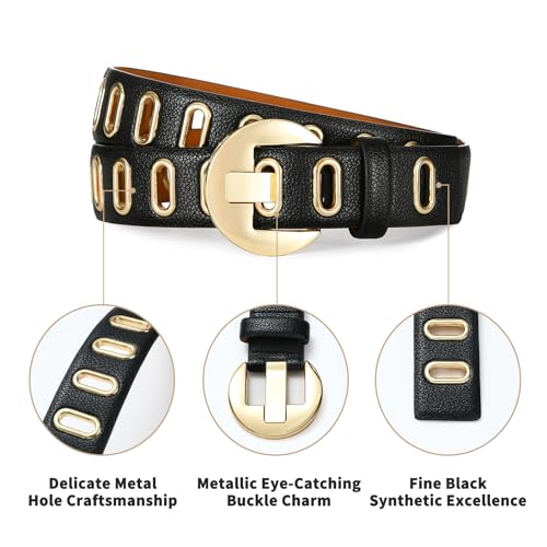 Womens Black Belt with Gold Buckle Grommet Casual Stylish Waist Belt for Pants and Dress4
