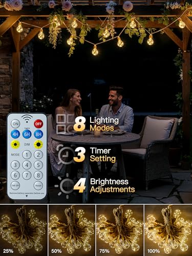 Ollny Solar Lights Outdoor Garden 8m Hemp Rope Festoon Light with Remote, USB Fairy String with 16 ES Shatterproof Bulbs 160 LEDs 8 Modes, Waterproof Lighting for Outside Gazebo Patio Party Decor - Image 4