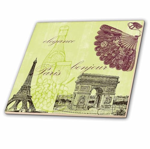 4 Inch Ceramic Tile - Paris Elegance Vintage Art- Wine- Eiffel Tower PS Vintage