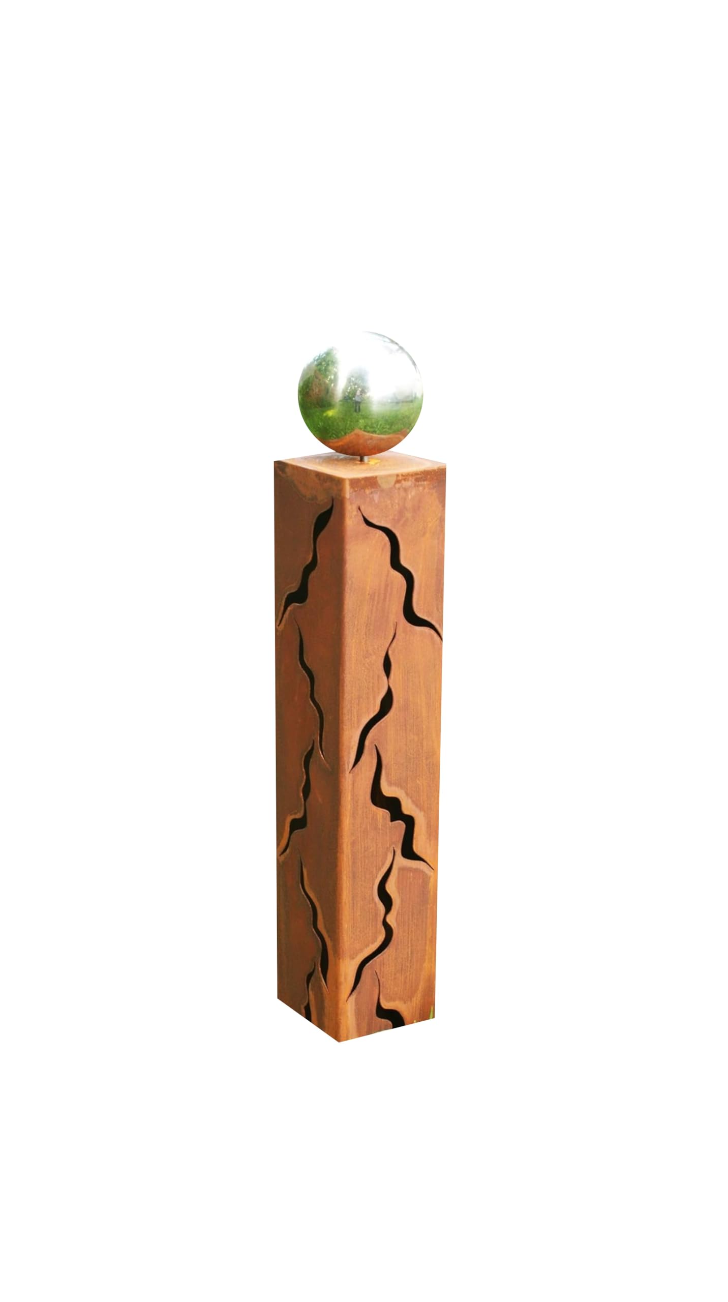Gartendeko Rost Säule „Nelly“, Skulptur, 80 cm, mit Edelstahlkugel und Muster. Handgefertigte, dekorative Rostsäule, aus Edelrost, für draußen. Garten Stehle, Säule aus Rost.
