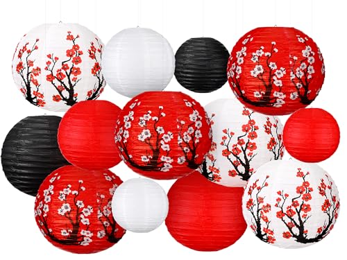 13 Pcs Chinese Japanese Paper Lantern Chinese New Year Lantern Decorative Hollow Out Round Plum Blossom Red White Gold CNY Party Decor for Spring Festival(Dark Color)