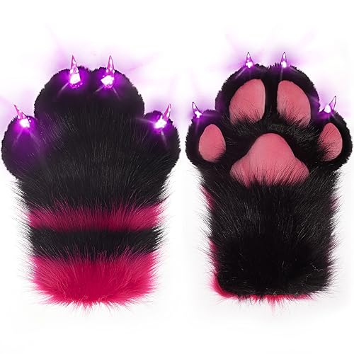 Rongdilawu Furry Paws LED Light Up Claws Therian Fursuit Gloves - Fluffy Faux Fur for Cat Fox Wolf Cosplay Halloween Costume Party