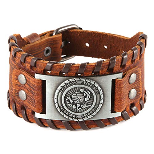 USMC Marine Corps Metal Amulet Cuff Leather Bracelet