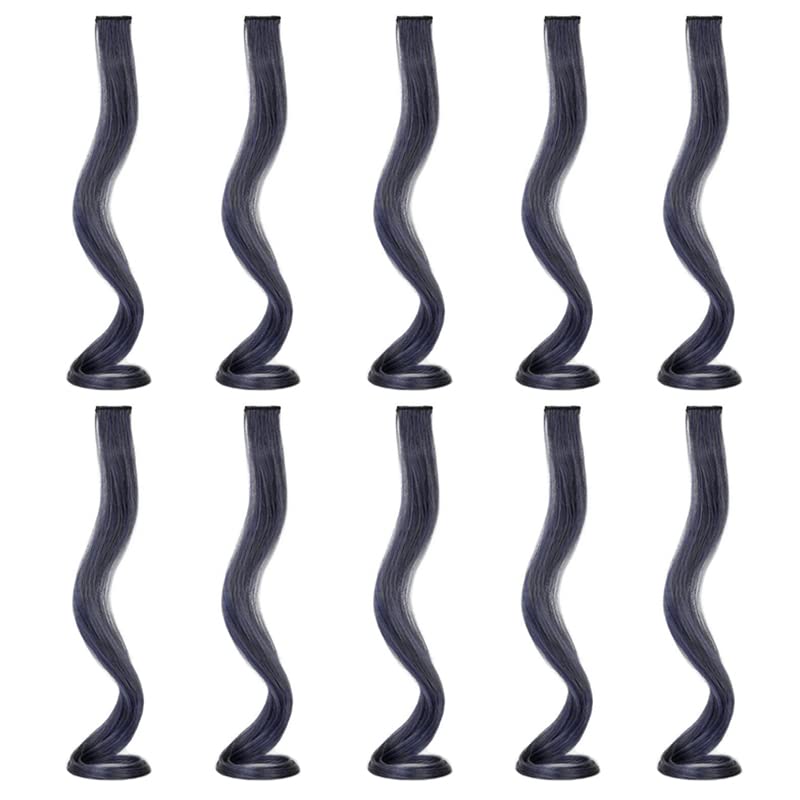 SEVENHEAD 10 extensiones de cabello de colores con reflejos para fiesta, color azul hollín, rizado, ondulado, postizo con clip en rayas sintéticas