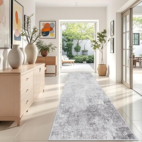 Washable Wide 4x12 Runner Rug - Abstract Runner Rugs for Living Room Stain Resistant Entryway Indoor Carpet for Kitchen Bedroom Non Slip Rubber Backing Ultra Thin Soft Home Decor Floor Mat 4x12 Grey