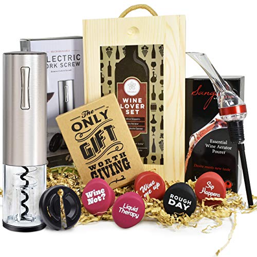 Wine Gifts Set – Wine Accessories Set w/Wooden Box- Wine Gift Set includes Rechargeable Wine Opener Set, Wine Aerator, Wine Stoppers & Pairing Guide- Wine Basket Gift - Valentine's Day Gifts for Women